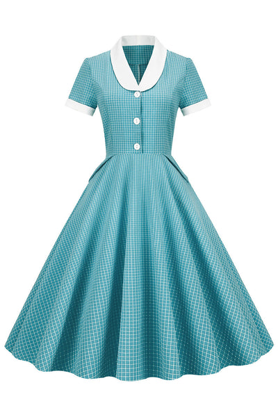 Vintage Kockás Kendős Galléros Ruha