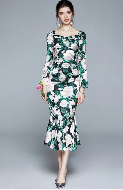 Vintage Zöld Virágos Ünnepi Ruha