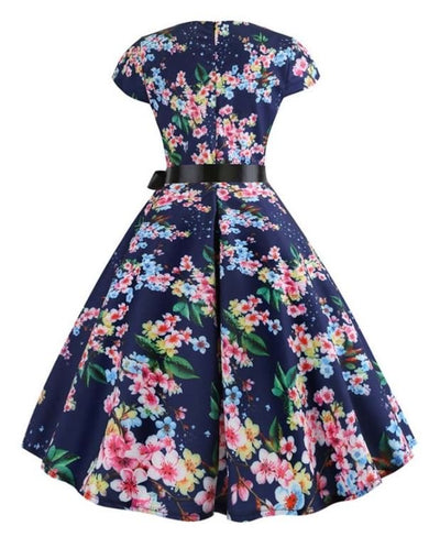 Vintage Kék Kis Levelek Lobogó Ruha