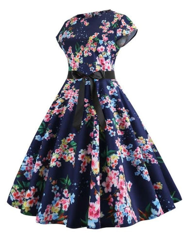 Vintage Kék Kis Levelek Lobogó Ruha