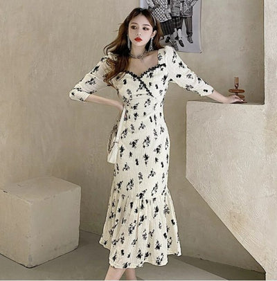 Vintage Khaki Virágos Hosszú Ruha