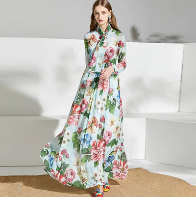 Zöld Vintage Virágos Hosszú Ruha