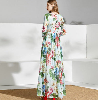 Zöld Vintage Virágos Hosszú Ruha