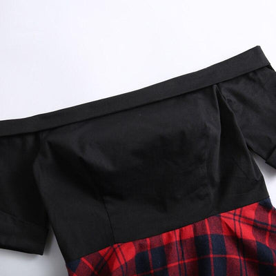 Vintage Vállról Leválasztott Tartán Ruha