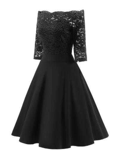 Vintage Fekete Csónak Nyakú Ruha