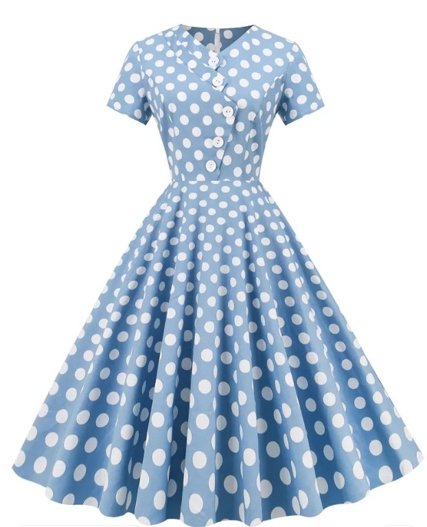 Vintage Kék Pöttyös Nyitott Ruha