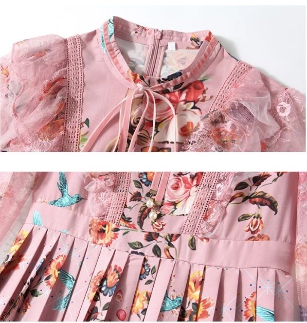 40-Es Évek Magas Derekú Rózsaszín Virágos Ruha