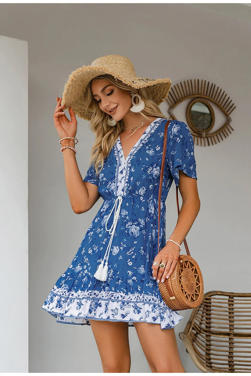 Kék Vintage Virágos Ruha