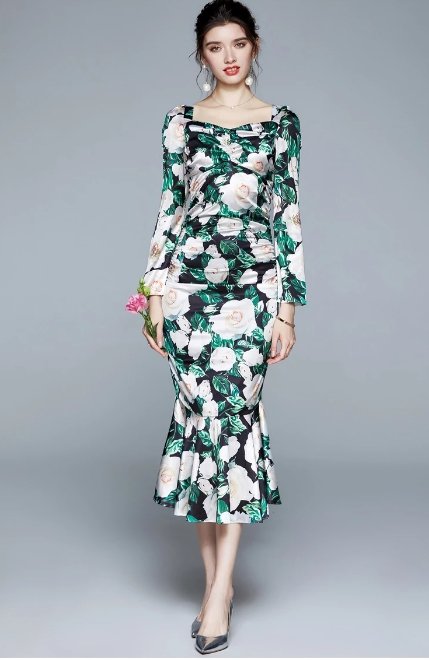 Vintage Zöld Virágos Ünnepi Ruha