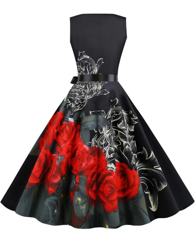 Vintage Fekete Virágos Kiszélesedő Ruha