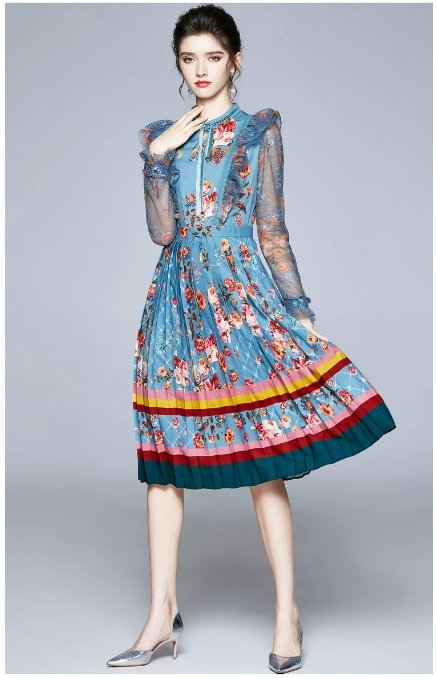 Menta Vintage Virágos Hosszú Ruha