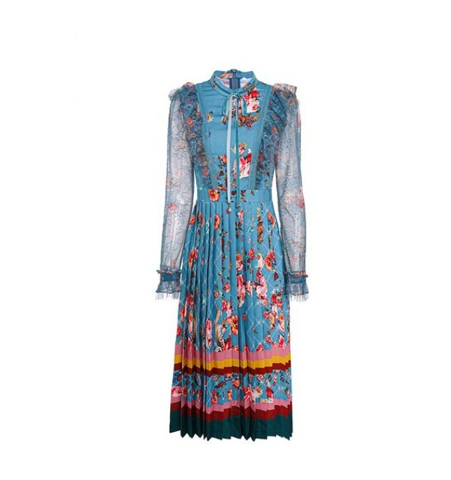 Menta Vintage Virágos Hosszú Ruha