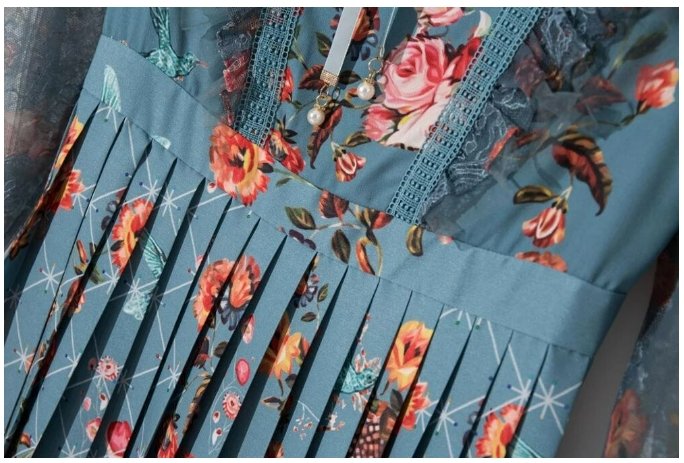 Menta Vintage Virágos Hosszú Ruha