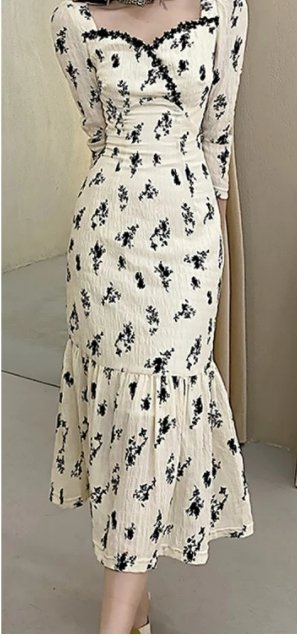 Vintage Khaki Virágos Hosszú Ruha