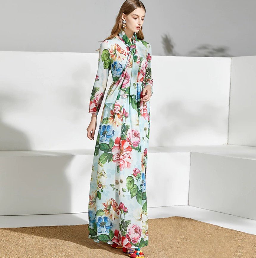 Zöld Vintage Virágos Hosszú Ruha