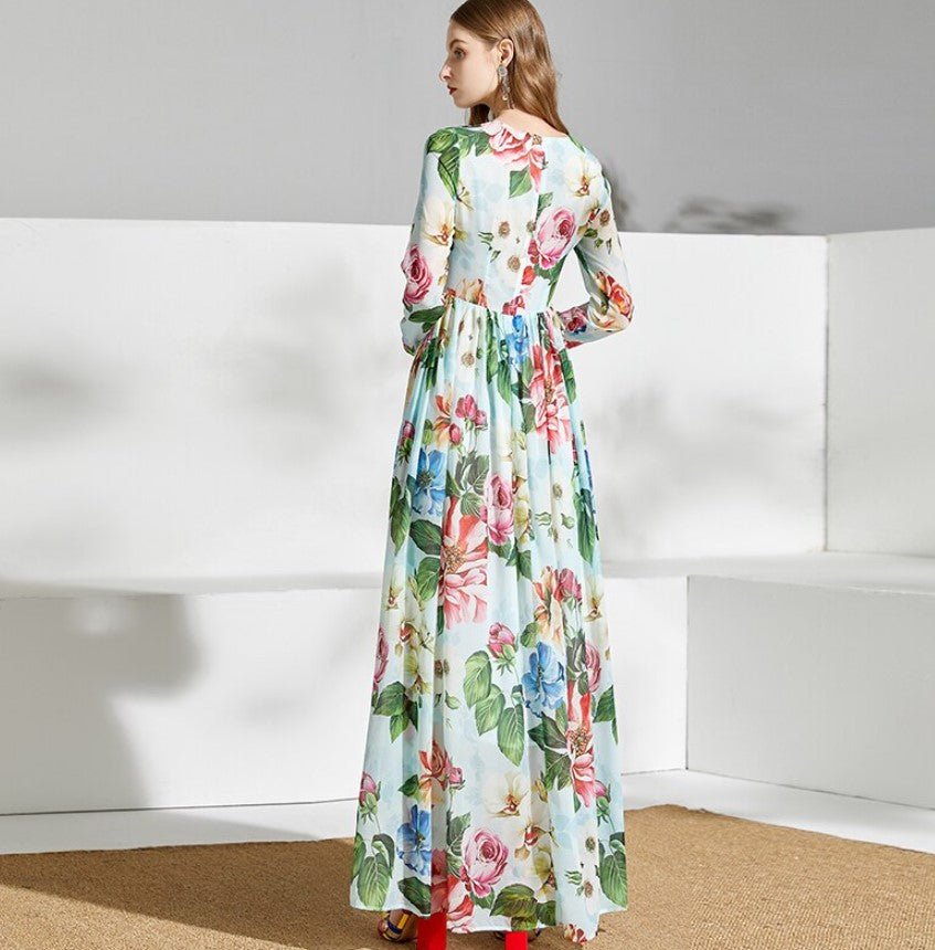 Zöld Vintage Virágos Hosszú Ruha