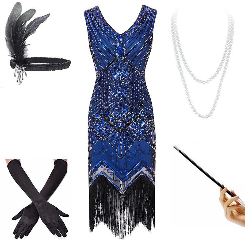 Vintage 20-As Évek Kék Ruha (Kiegészítőkkel)