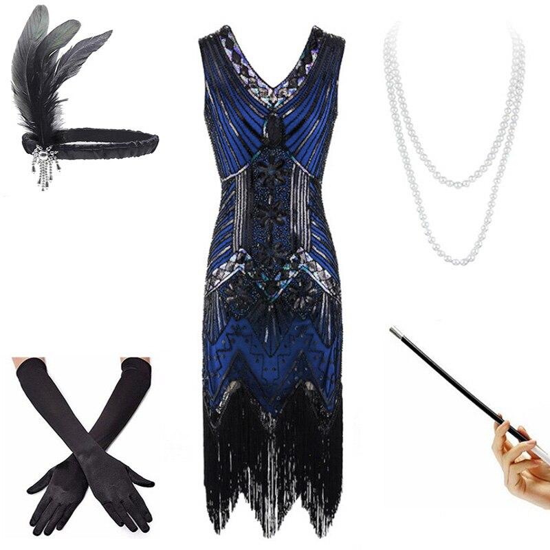 Vintage 20-As Évek Fekete-Kék Ruha