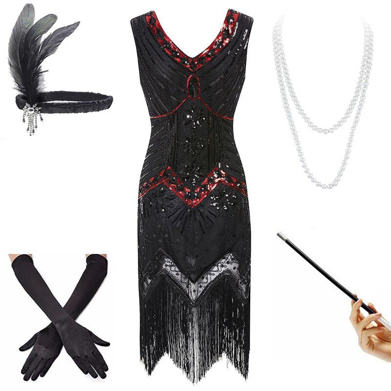 Vintage 20-As Évek Piros És Fekete Ruha (Kiegészítőkkel)