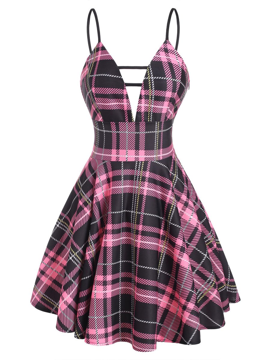 Vintage Kockás Fűzős Ruha Rózsaszín