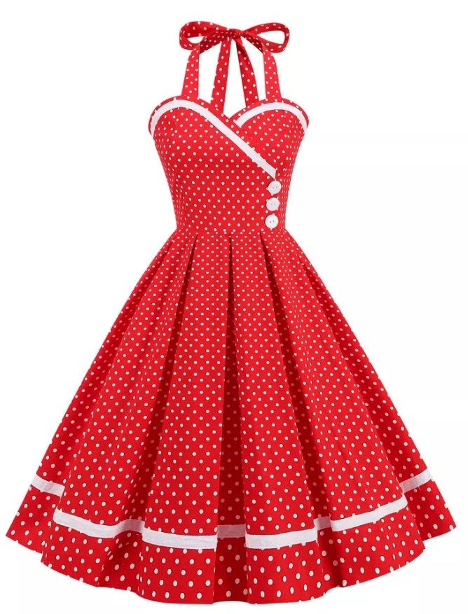 Vintage Piros Kerek Nyakú Pöttyös Ruha