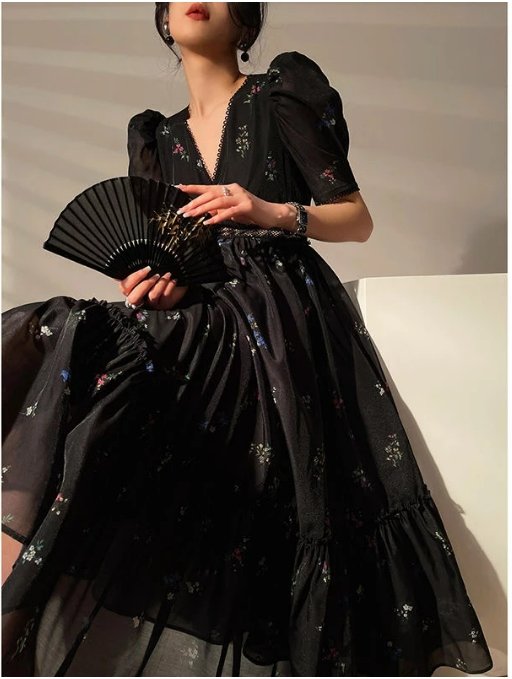 Vintage Fekete V-Nyakú Ruha