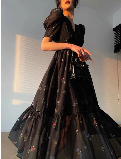 Vintage Fekete V-Nyakú Ruha