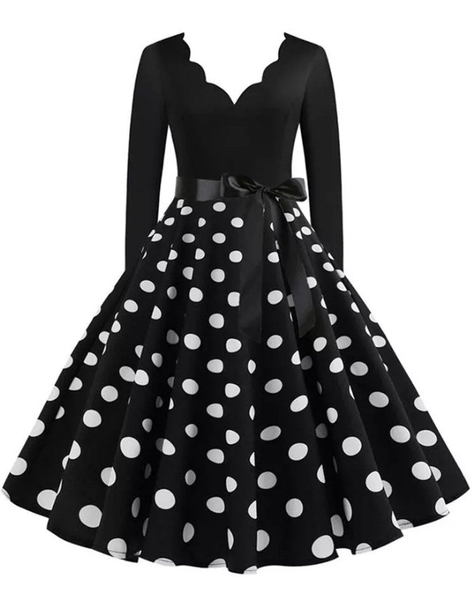 Vintage Plus Size Rockabilly Ruha, Fekete Pöttyös