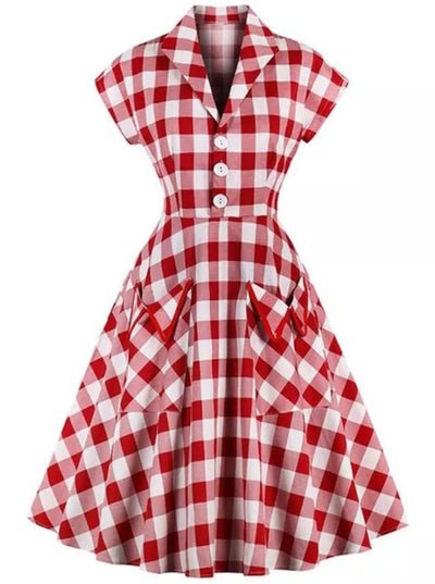 Vintage Pin Up Piros Kockás Ruha