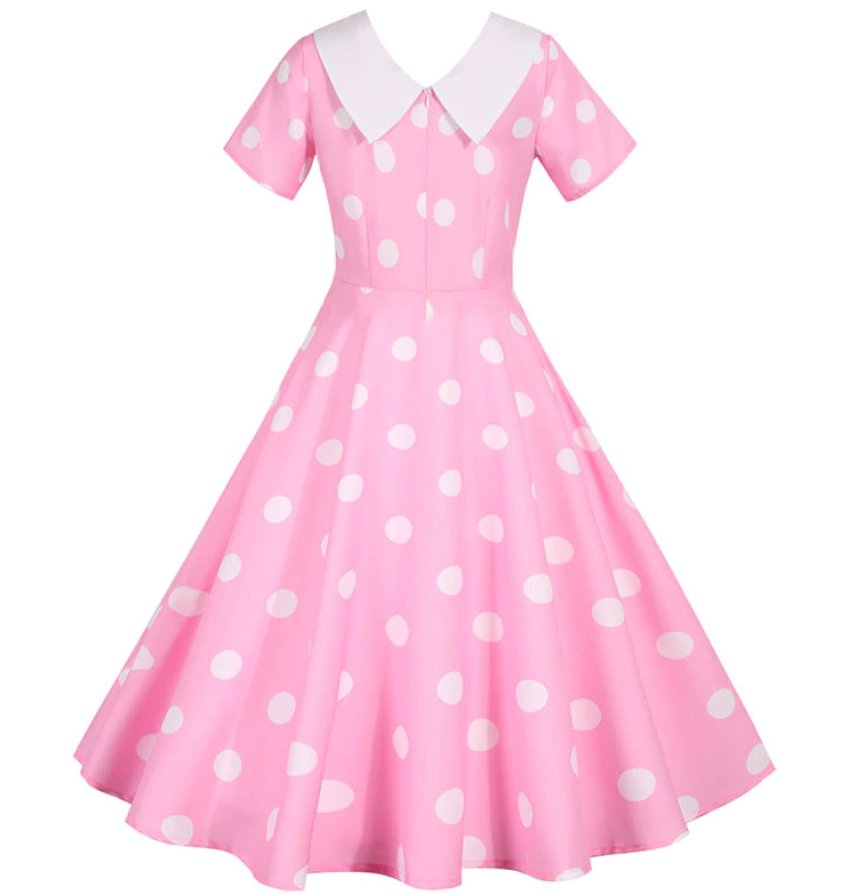 Vintage Rózsaszín Ruha Fehér Pöttyökkel